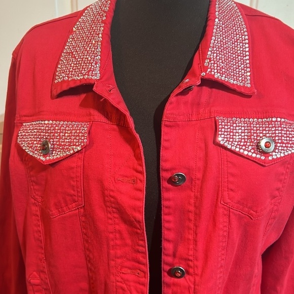 Las Olas Red Denim Rhinestone Jacket Glam Bling Size Large - Picture 2 of 5